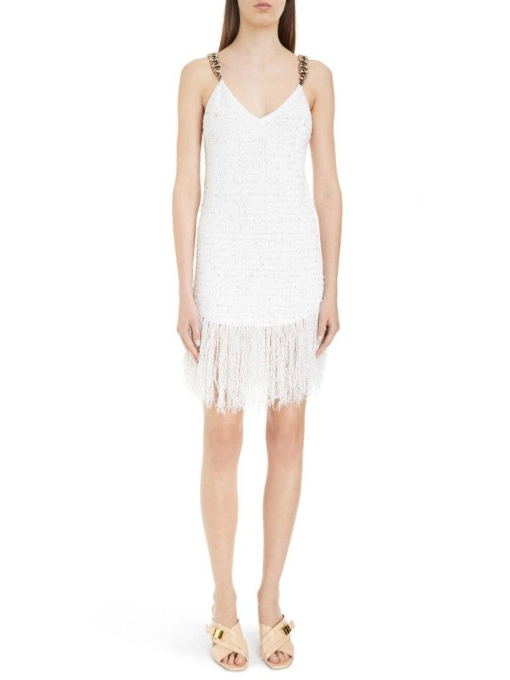 Balmain Womens Chain Strap Fringe Tweed Minidress White Gold Size 42 / US 10